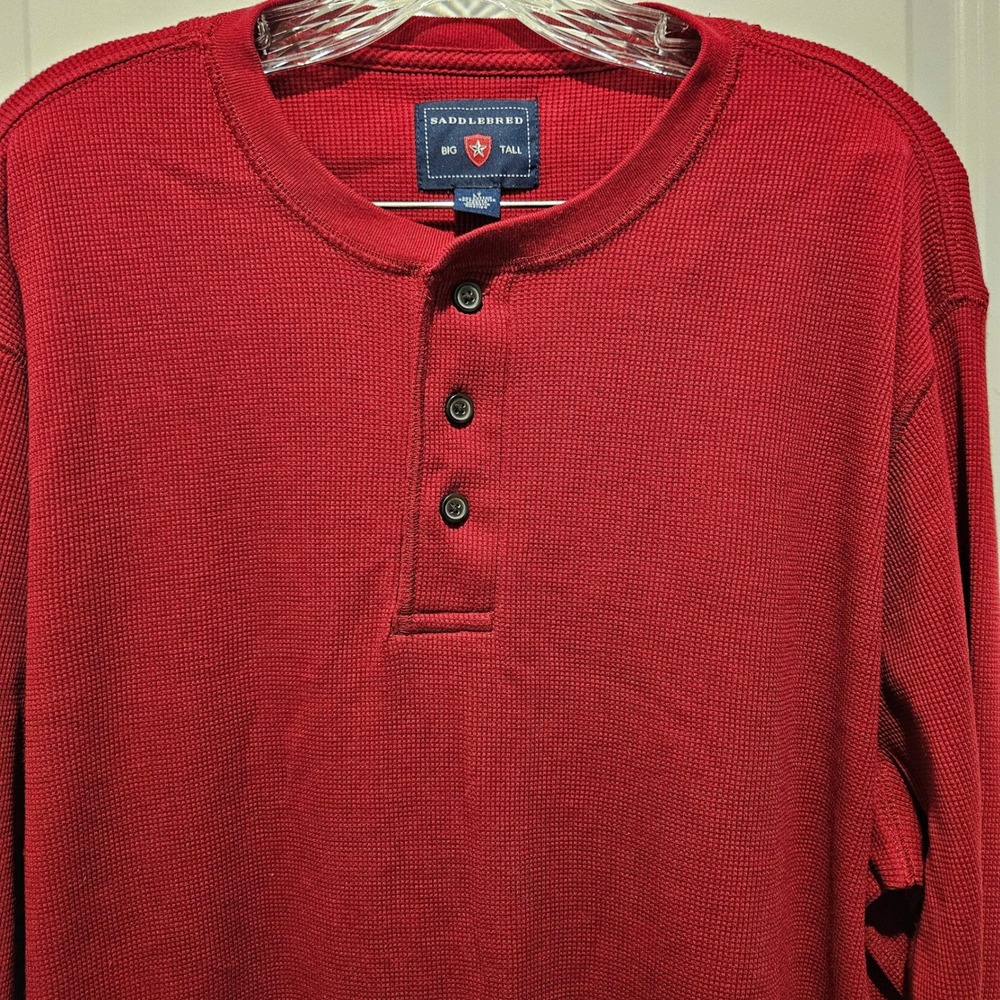 Saddlebred Henley Mens LT Cranberry Red Waffle Knit Long Sleeve Big & Tall Shirt